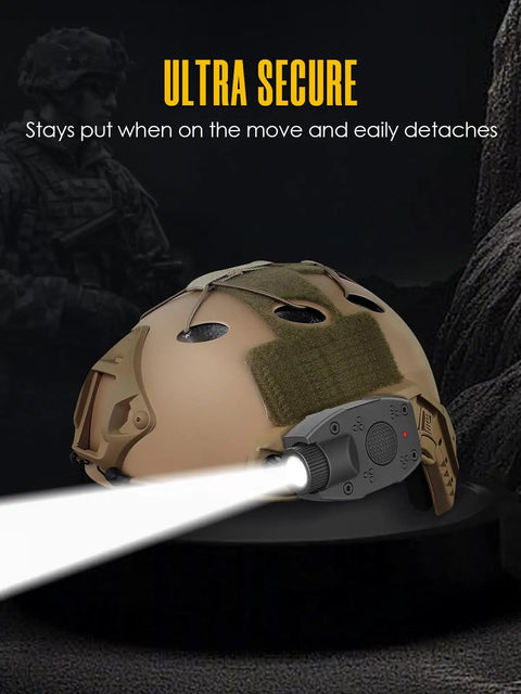 Ultra Compact Rifle Light And Helmet Mounted For Picatinny Rails on helmet, emits beam, ultra lightweight under 30g