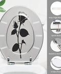 Elongated Toilet Seat Rose Resin for Bathroom Replacement with black rose design, grip-tight bumpers, and stainless steel hinge.
