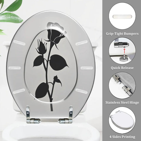Elongated Toilet Seat Rose Resin for Bathroom Replacement with black rose design, grip-tight bumpers, and stainless steel hinge.