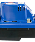 Side view of VCMX-20ULST Condensate Removal Pump For Your AC And Dehumidifier Setups With 84 GPH Flow 115V with blue casing.