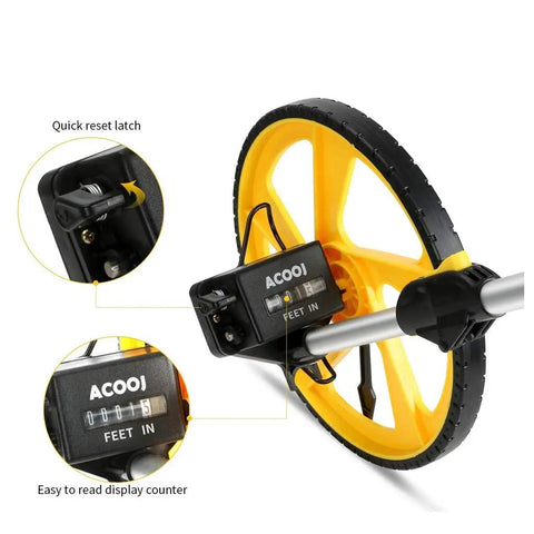 Close-up of QERTYHKK Foldable Measuring Wheel Distance Measurement Tools Meter/Feet showing display counter and reset latch.