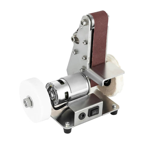Table Top Mini Belt Sander And Electric Bench Grinder With Reversible Variable Speed Controls made for DIY crafts, compact size, and metal polishing.