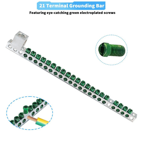 21 Terminal Grounding Bar Kit For BR And CH Series Load Centers with green screws and connection details