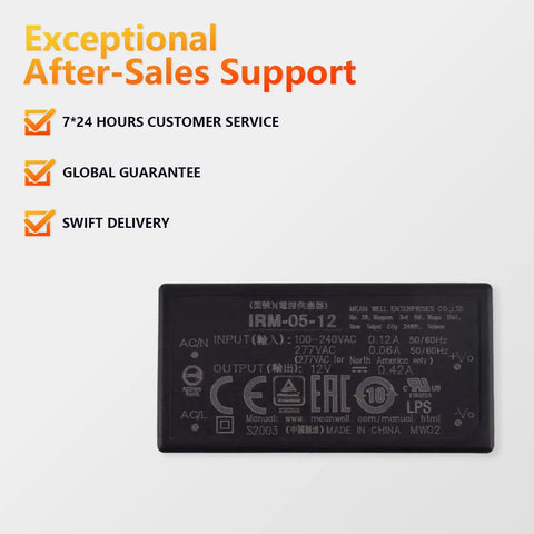 No Fuss Rock Solid Ac Dc Power Supply Module 5 Watt 12 Volt 0.42 Amp Universal Input Wide Temp Range Built Tough, showing specifications on black casing.