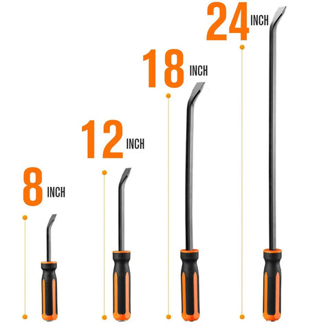 Heavy Duty Pry Bar Set 8 12 18 24 Inch Four Piece Mechanic Hand Tools With Thick Strike Cap Handles Black And Orange Finish