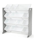 4-tier 12 Bin Toy Storage Organizer for Kids Playroom in Grey and White with durable wood frame and steel dowels, 34Wx16Dx31H.