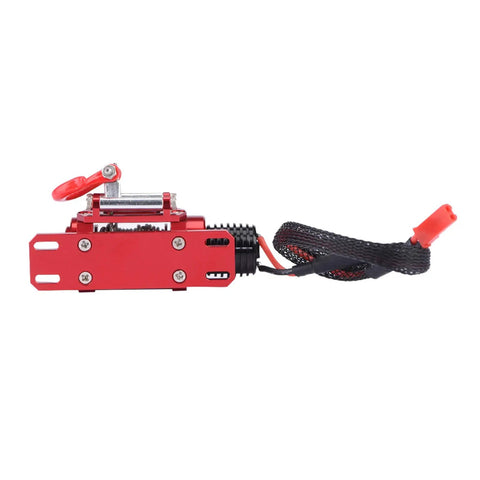 Heavy Duty Electric RC Crawler Winch With Nylon Capstan For SCX10 D90 D110 And TF2 Offroad Rig side view with red metal finish.