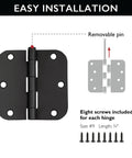Matte Black Door Hinges Set, Water-Resistant And Pre-Lubricated, 10-Pack For Left Or Right Handed Doors, 3.5 Inch Long By 3.5 Inch Wide By 0.125 Inch Thick, Squeak-Free Installation, showing installation details with removable pin and screws.