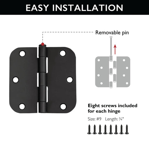 Matte Black Door Hinges Set, Water-Resistant And Pre-Lubricated, 10-Pack For Left Or Right Handed Doors, 3.5 Inch Long By 3.5 Inch Wide By 0.125 Inch Thick, Squeak-Free Installation, showing installation details with removable pin and screws.