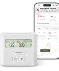 Smart WiFi Radon Detector For Home With Instant App Alerts And Continuous Daily Trend Tracking, displaying real-time stats and smartphone interface.