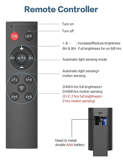 Remote control for 800W Solar Street Flood Light With Dusk To Dawn Sensor, Motion Detection, and IP66 Waterproof features.