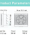 Diagram showing dimensions of 10 Inch Window Reversible Exhaust Fan for Through Wall Installation with Shutter Box and Blower Ventilation Air Extractor.