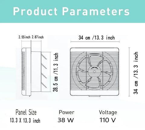 Diagram showing dimensions of 10 Inch Window Reversible Exhaust Fan for Through Wall Installation with Shutter Box and Blower Ventilation Air Extractor.