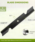 Dimensions of high lift replacement blades for 36 and 52 inch decks, 3-pack. Length 18", width 2 3/8", thickness 0.1535".