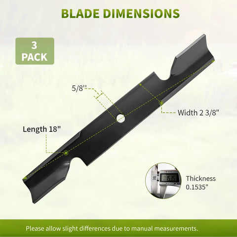 Dimensions of high lift replacement blades for 36 and 52 inch decks, 3-pack. Length 18", width 2 3/8", thickness 0.1535".