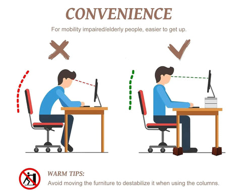 Image showing the benefits of using Solid Wood Bed Risers Set Of Four for better posture and convenience at a desk.