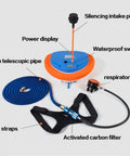 Three Hour Scuba Ventilator System With Mask Mount For Underwater Breathing And Floating Air Pump Tank, Telescoping Pipe And 57 Liters Per Minute Regulator components