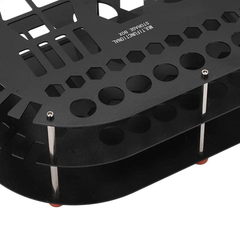 Kick Clutter To The Curb With This Legit Sturdy Aluminum Desktop Organizer Rack Packing 42 Spacious Slots For Hand Tools Bits And Mini Parts While An Anti Slip Base Keeps Your Workspace Looking Fresh All Day - top view showing black aluminum, hexagonal and circular storage holes.