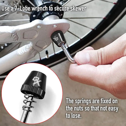 User secures wheel with Anti Theft Bike Locking Skewer Set with 7 Lobe Key and Fixed Spring Axle for Urban Commuters