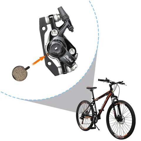 Disc Brake Pads For Bikes And Scooters Resin Pro Grade Semi Metal Quiet Braking Kit With Low Disk Wear Smooth Progressive Stop 5 Pairs KMJG019 Ideal For Mountain Bicycles Outdoor Camping And Electric Scooters. Image shows a brake mechanism and a mountain bike.