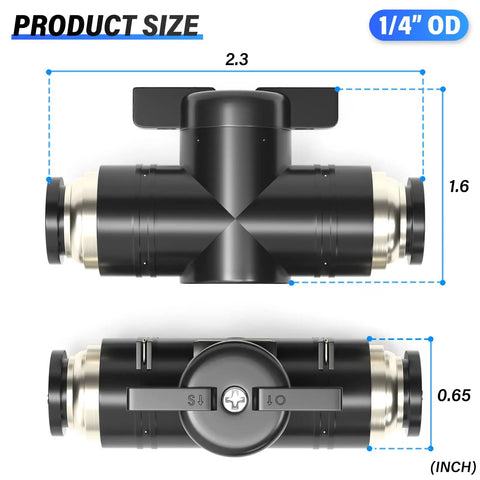 Air Flow Control Ball Valve For Pneumatic Systems One Quarter Inch Outer Diameter Push To Connect Fitting Black Plastic Copper Body Plug And Play Easy Setup Adjustable Air On And Off 0 To 145 PSI Temperature Range 32 To 140 Fahrenheit Pack Of 1, showing product size dimensions