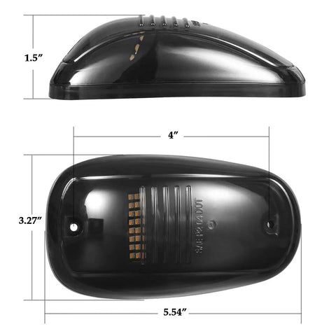 Amber 24 LED Smoke Cab Roof Marker Lights Kit With Wire Harness For 1500 2500 3500 4500 5500 Series Pickup Trucks 2003 2018 Five Pack With UV Treated ABS Lenses And Durable Cable Assembly, showing top and side dimensions of the light.