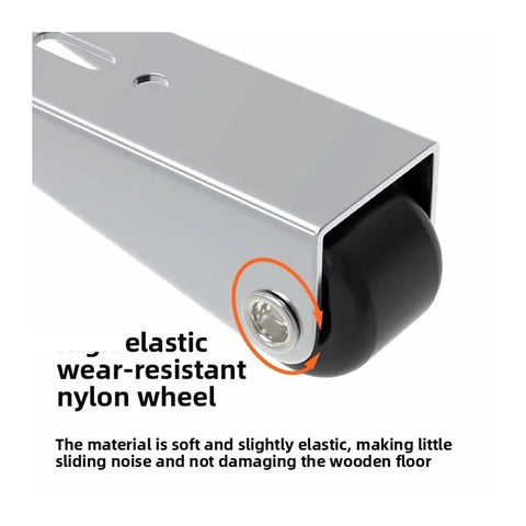 Close-up of heavy duty universal track wheel with elastic wear-resistant nylon, part of No More Dragging Heavy Slides When Using Heavy Duty Universal Track Wheels And Silent Vertical Adjuster Lifter Casters For Slick Anti Sag Glide On Any Regular Sliding Door Setup.