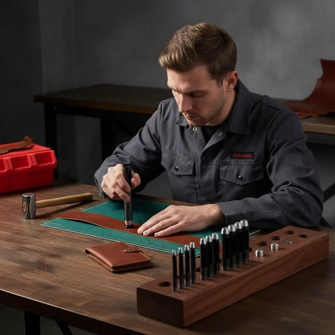 Craftsman using 10 Piece Round Hole Punch Set For Leather Craft Pro Grade Steel Hollow Punches 1mm To 10mm on leather with tools.