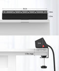 8 In 1 Desk Clamp Power Strip With USB-C PD 20W Fast Charging, showing measurements and mounting on desk edge.