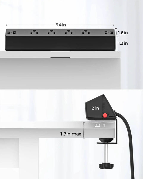 8 In 1 Desk Clamp Power Strip With USB-C PD 20W Fast Charging, showing measurements and mounting on desk edge.