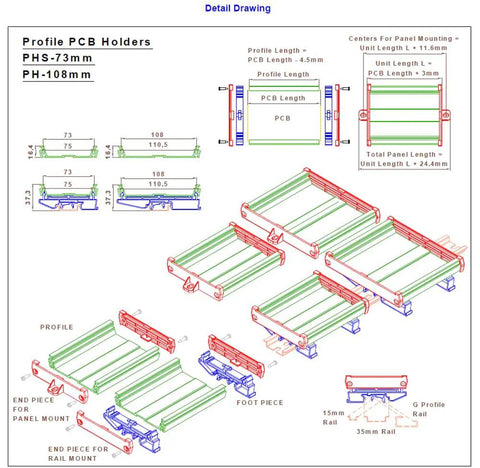 Diagram of Din Rail Mounting Carrier For 72 73mm Wide PCB Housing Bracket Adaptor Fits TH35 TH15 And G Rails with dimensions.