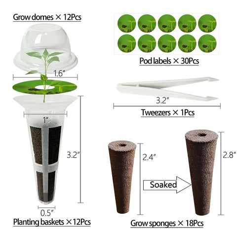All In One Indoor Garden Seed Pod Kit For Hydroponics Systems, 73 Piece Set Including labeled components such as sponges, baskets, and domes