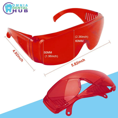 Heavy Duty Dental Laser Safety Glasses With Crisp Orange Lenses And Reliable Anti Fog Coating Tough Polycarbonate Shield 168 Piece Bulk Pack showing dimensions 4.92x5.82 inches.