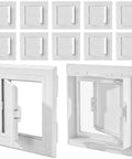12 Pack White Plastic 4x4 Access Panels for Drywall Ceilings with a Nifty Hidden Hinge Mechanism shown in various angles.