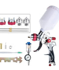 Top Tier Handheld Airbrush Kit Featuring Heavy Duty Pneumatic Gravity Feed Spray Gun with interchangeable nozzles and tools.