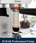 Close-up of the Twenty Bar Bean To Cup Espresso Machine With Built In Conical Burr Grinder delivering espresso shot.
