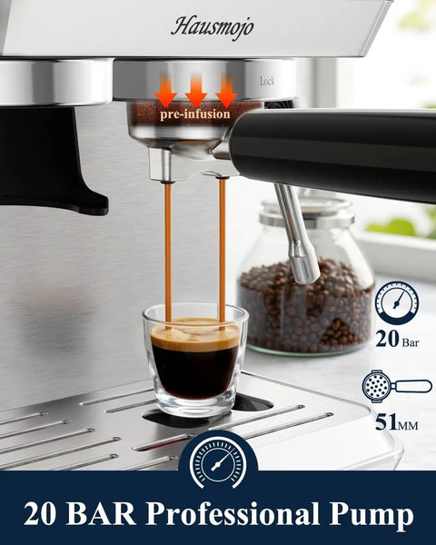 Close-up of the Twenty Bar Bean To Cup Espresso Machine With Built In Conical Burr Grinder delivering espresso shot.