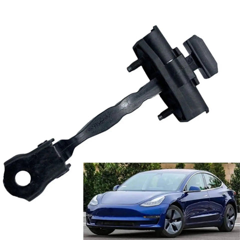 Tesla Beefy Car Door Hinge Kit for Model 2017 to 2021, shown with rear door hinge and blue Tesla car.