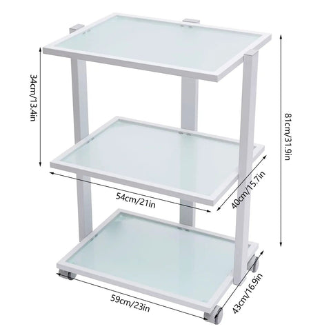 Three Tier Beauty Cart On Wheels With Heavy Duty 330 Lb Capacity All Purpose Rolling Trolley Organizer dimensions labeled