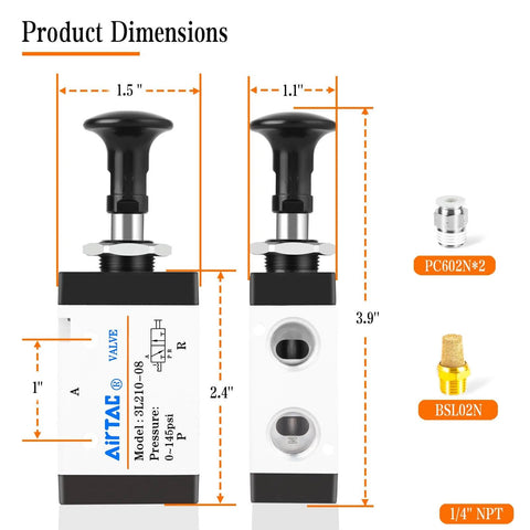 Dimensions of Manual Push-Pull 3-Way Valve With Hand Lever, 1/4 Inch NPT Pneumatic Control, 3L210-08 model, detailed measurements shown