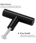 Black Cabinet Knobs Five Pack T Knobs Single Hole Two Inch Overall Length with easy install screws shown