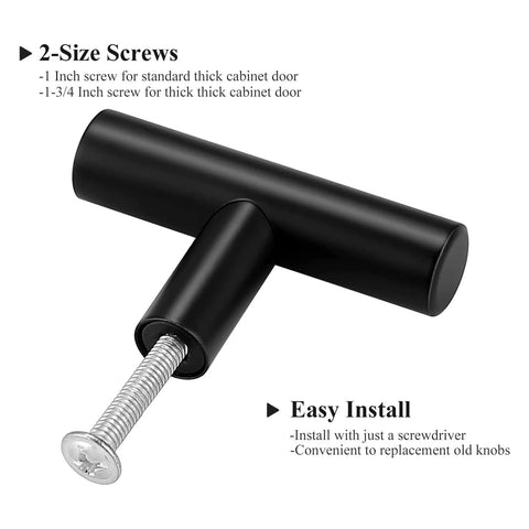 Black Cabinet Knobs Five Pack T Knobs Single Hole Two Inch Overall Length with easy install screws shown