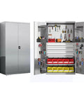 Hardened Steel Tool Cabinet With Anti Rust Finish And Tight Lock For Tall Workshop Storage showcasing organized tools in garage storage.