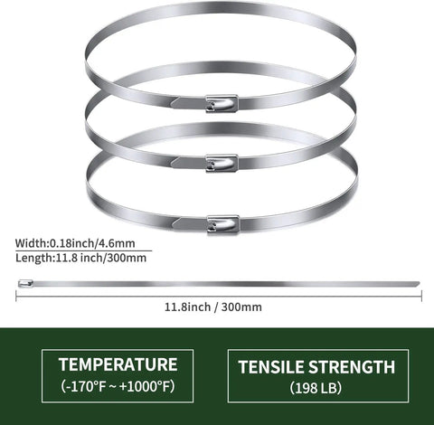 Ultra Tough Stainless Steel Zip Ties 200Pcs 11.8Inch 304 Heat Resistant Tie Wraps shown as 3 stacked loops, dimensions visible.