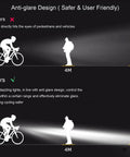 Comparison of glare with Ultra Bright 1800 Lumen Bike Light With Five Modes, USB Rechargeable Front Headlight, highlighting anti-glare design.