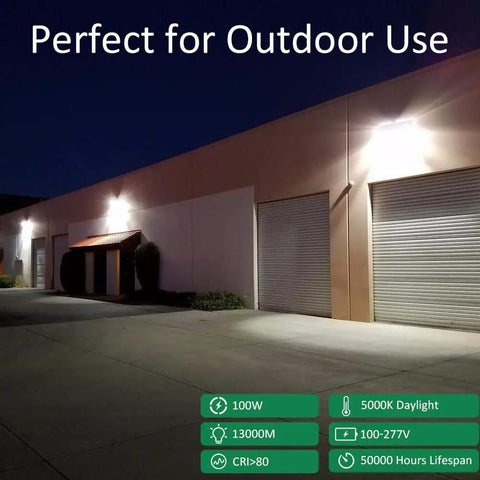 Super Bright 120W LED Wall Pack Light With Dusk To Dawn Photocell illuminating parking garage exterior at night.