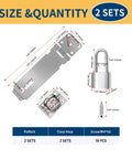 Diagram of Two Sets Of 5 Inch Padlock Hasp Latch Locks, Stainless Steel Padlock With 1.5 Inch Shackle, included screws, dimensions detailed.