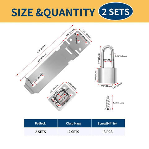Diagram of Two Sets Of 5 Inch Padlock Hasp Latch Locks, Stainless Steel Padlock With 1.5 Inch Shackle, included screws, dimensions detailed.