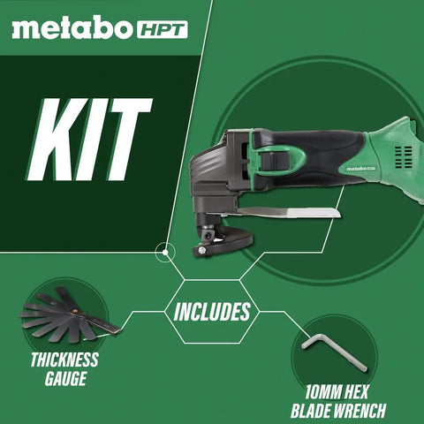 18V MultiVolt Cordless Shear Tool Only No Battery With 8 Cutting Edges And Two Sets For Easy Replacement For Long Lasting Service Life At 5300 RPM Built In Safety Protector Plate For Quick Clean Cuts with thickness gauge and 10mm hex blade wrench displayed.