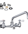 Lead-Free 8 Inch Center Wall Mount 3 Compartment Sink Faucet with 8" Spout and included mounting hardware.